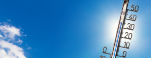 Dieses Bild ist das Titelbild für den Blogartikel zum Thema Hitzeschutz in der Pflege. Auf dem Bild sehen Sie ein Thermometer und einen hellen Himmel.