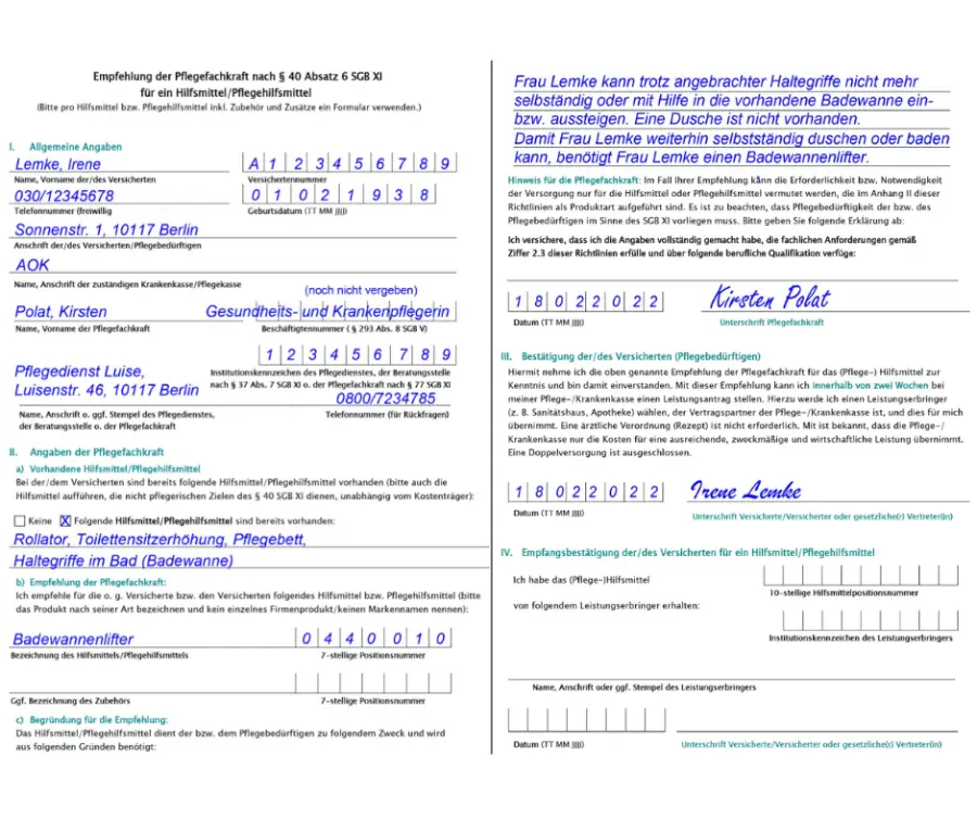 Beispiel Antrag Kurs Hilfsmittel und Pflegehilfsmittel
