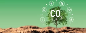 Grüner Baum mit CO₂-Symbol und Nachhaltigkeitspiktogrammen auf Erde vor grünem Hintergrund