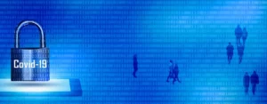 Symbolbild mit Vorhängeschloss und Schriftzug "Covid-19" vor digitalem Hintergrund mit binären Zahlen und Silhouetten von Menschen.