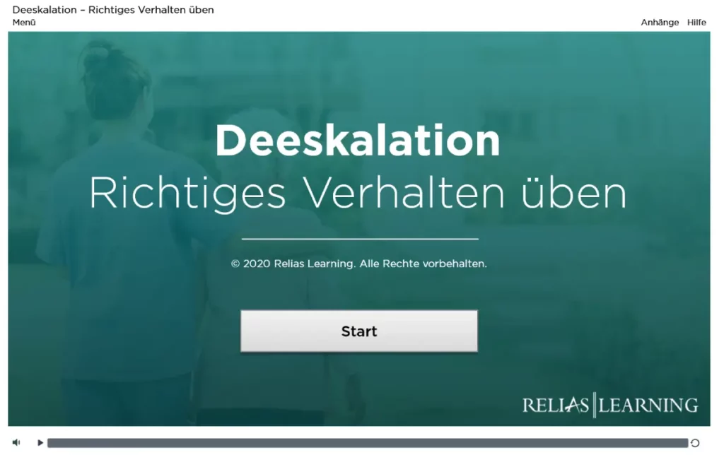 Startseite eines Relias E-Learning-Kurses mit dem Titel „Deeskalation – Richtiges Verhalten üben“.