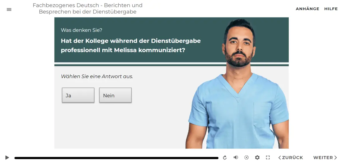 Auf diesem Bild sehen Sie einen Ausschnitt aus einem der E-Learning-Kurse zur Integration internationaler Pflegepersonen.