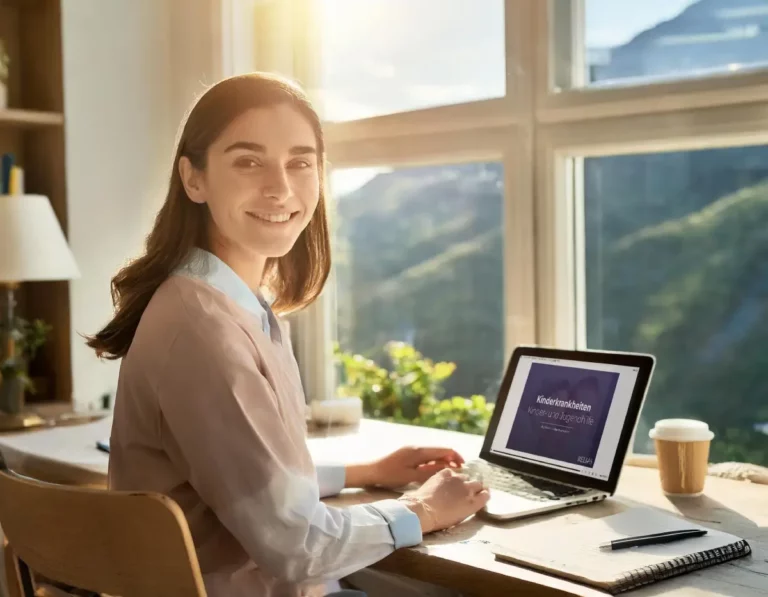 Frau arbeitet am Laptop an einem E-Learning zu Kinderkrankheiten.
