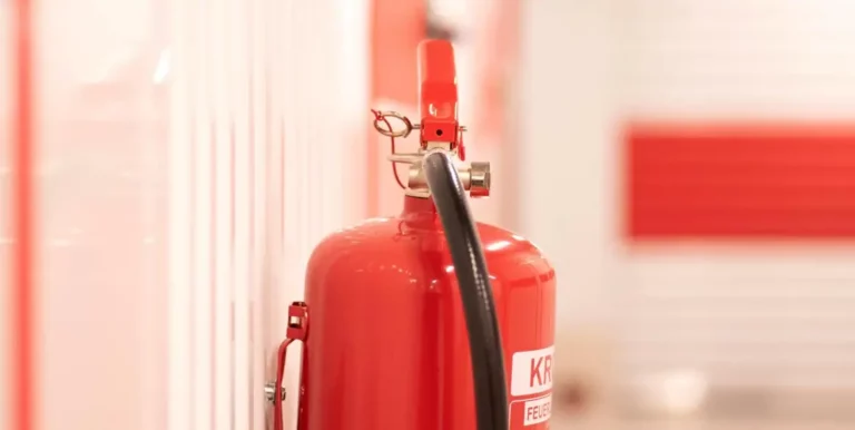 Nahaufnahme eines Feuerlöschers mit Schlauch und Sicherheitsstift.