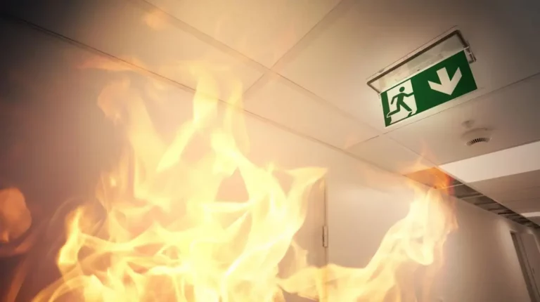Flammen in einem Gebäudeflur mit grünem Fluchtwegschild an der Decke.