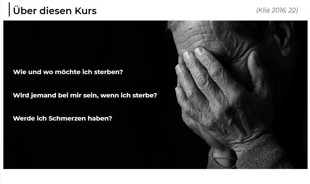 Älterer Mann hält sich das Gesicht in den Händen, daneben zentrale Fragen zum Sterben