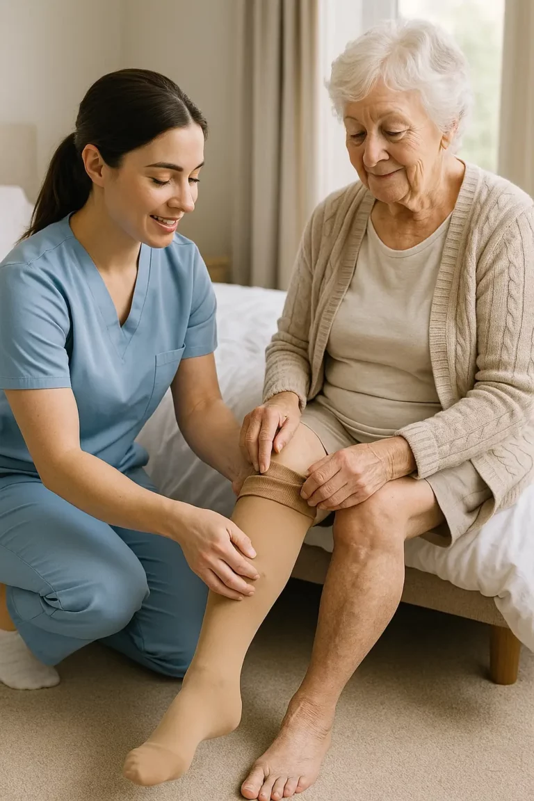 Pflegeperson hilft älterer Person beim Anziehen eines Kompressionsstrumpfs.