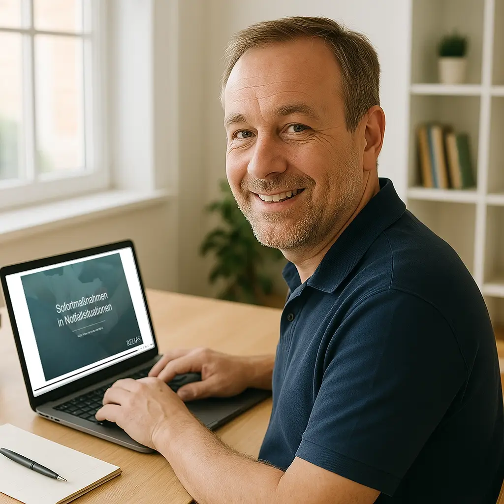 Mann beim E-Learning am Laptop zum Thema Notfallsituationen.