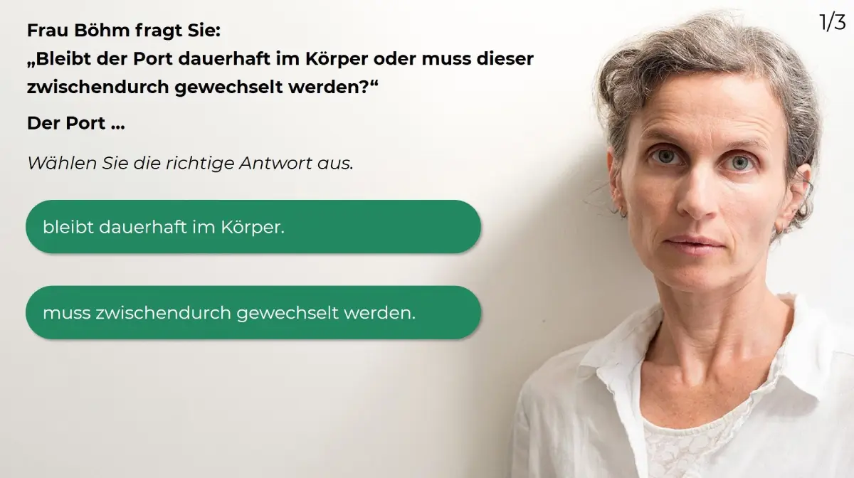 Pflegequiz mit Frage von Frau Böhm, ob ein Port dauerhaft im Körper bleibt oder gewechselt werden muss, zwei Antwortoptionen sichtbar