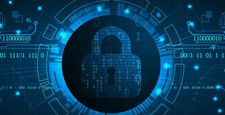 Piktogramm: Vorhängeschloss in digitaler Umgebung mit Binärcode und Netzwerk-Elementen.