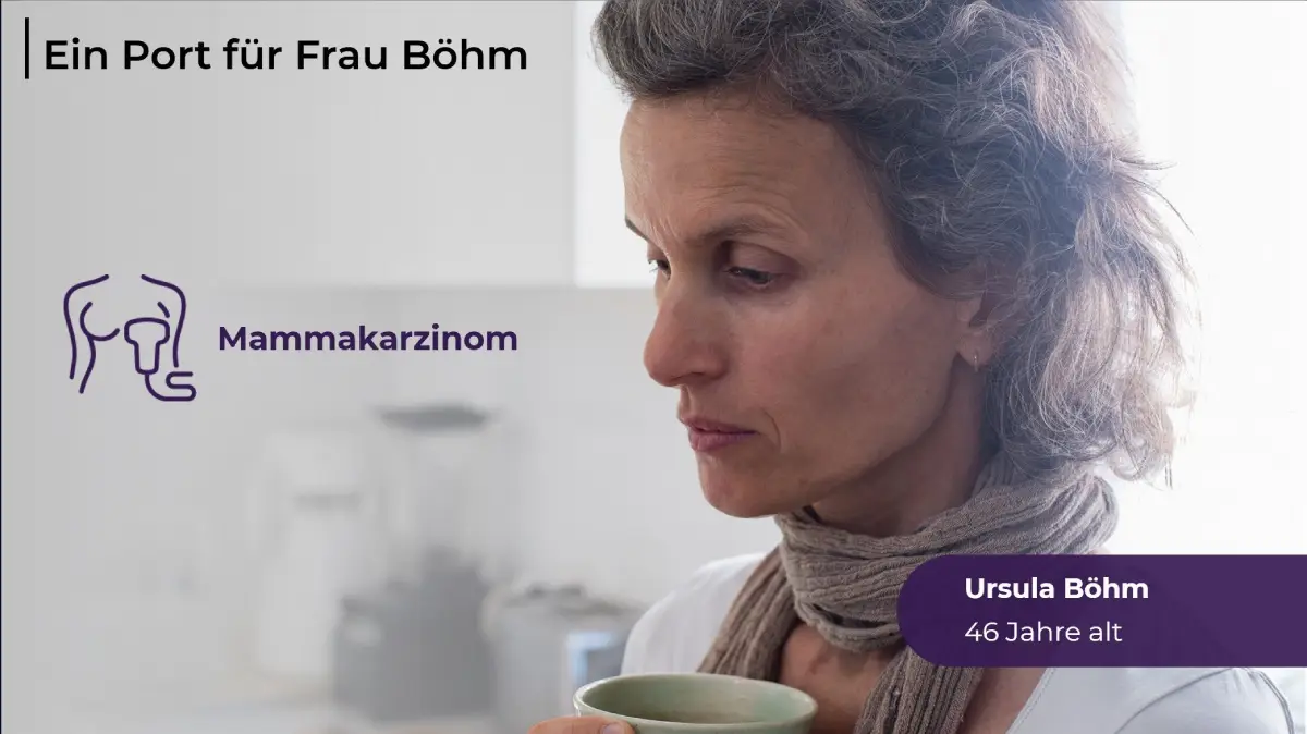 Frau Böhm mit nachdenklichem Blick, Text verweist auf Portversorgung bei Brustkrebs