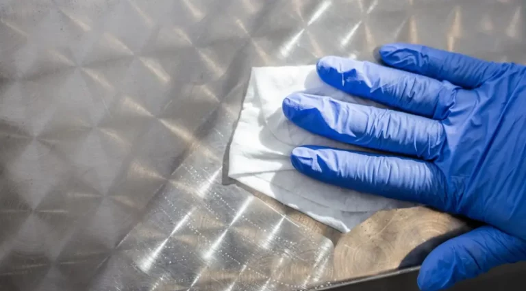 Reinigung einer Oberfläche mit Desinfektionstuch und Schutzhandschuh.