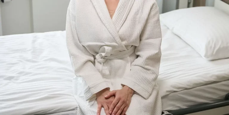 Person im Bademantel sitzt auf einem gemachten Pflegebett.