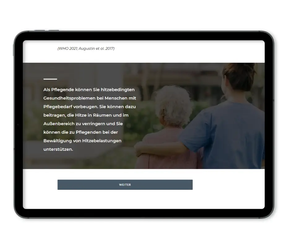 Hitzeschutz in der Pflege: Auf diesem Bild sehen Sie einen Screenshot aus dem E-Learning-Kurs "Richtig handeln bei Hitze in Pflegeeinrichtungen"