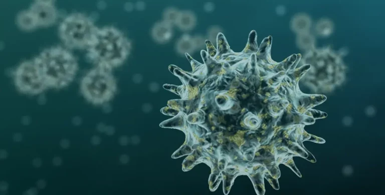 Mikroskopische Illustration eines Virus auf dunklem Hintergrund.