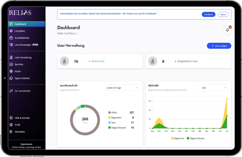 Relias e-Learning Pflege - Care Dashboard - Screenshot