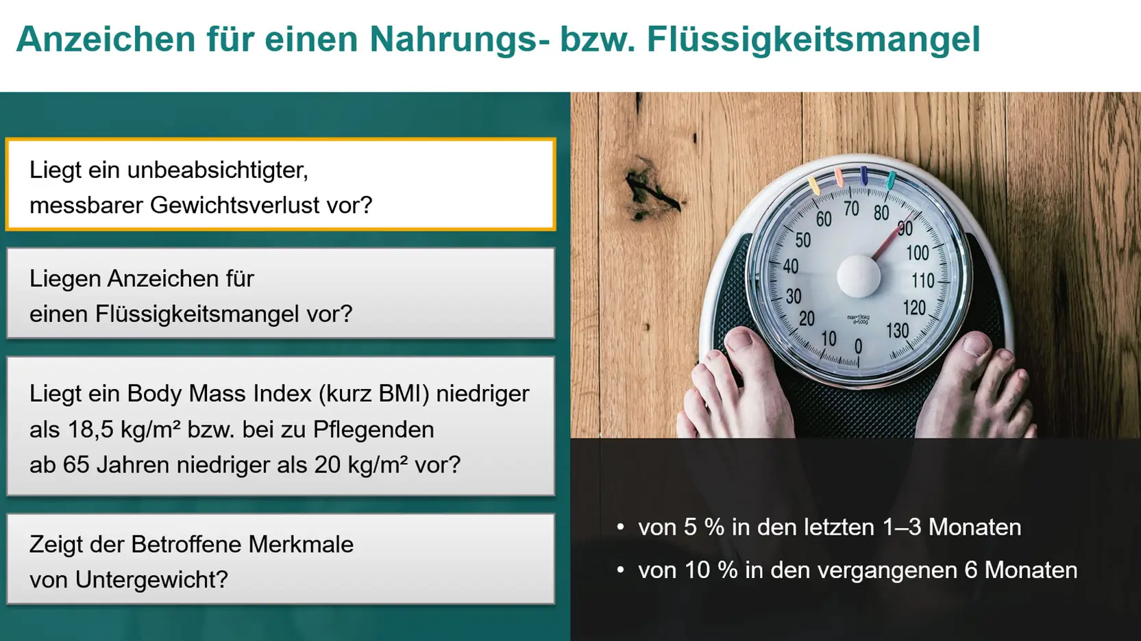 Person steht auf einer Waage, daneben Text zu Anzeichen von Mangelernährung.