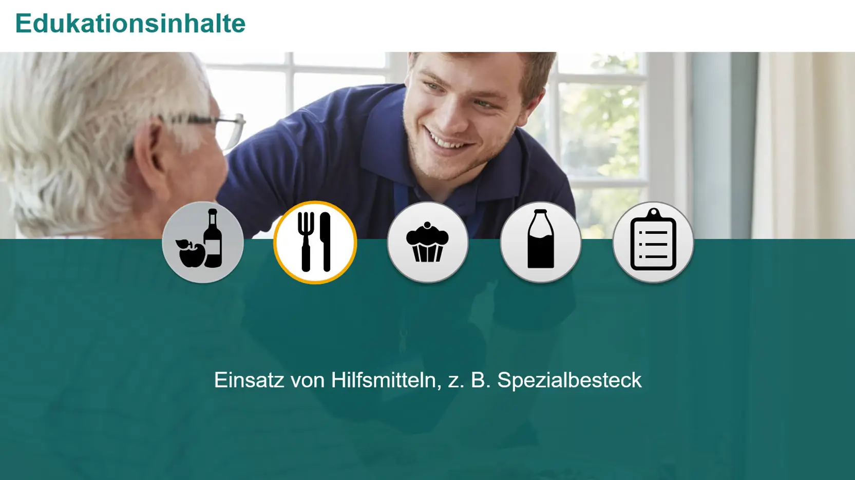 Pflegeperson spricht mit älterer Person, darüber Piktogramme zu Ernährung.