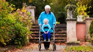Ältere Person schiebt Rollator mit sitzendem Kleinkind auf einem Gartenweg.