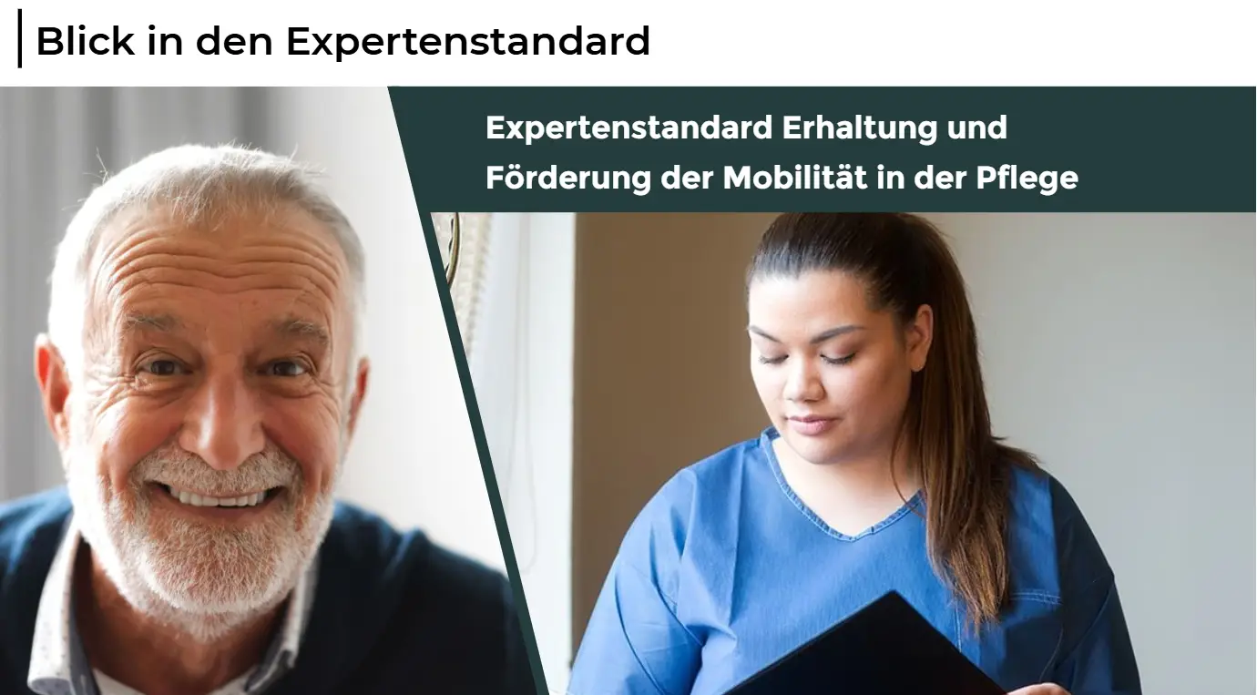 Geteiltes Bild: ältere Person lächelt, Pflegeperson liest aus Unterlagen.