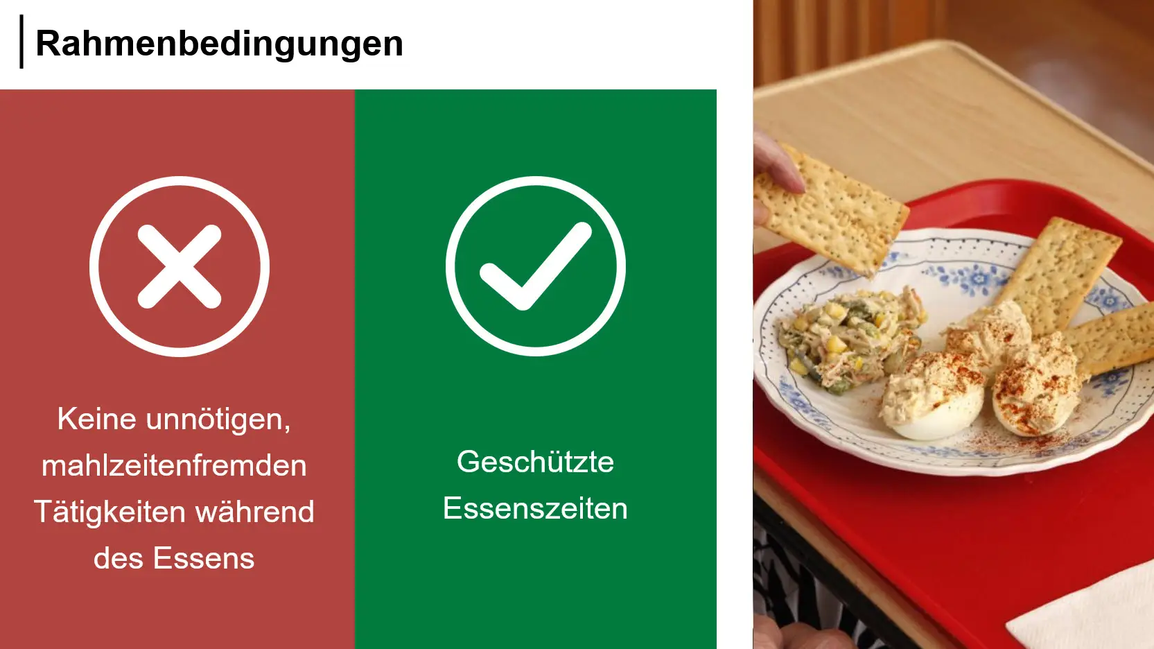 Vergleichsgrafik mit Symbolen für ungünstige und günstige Essensbedingungen.