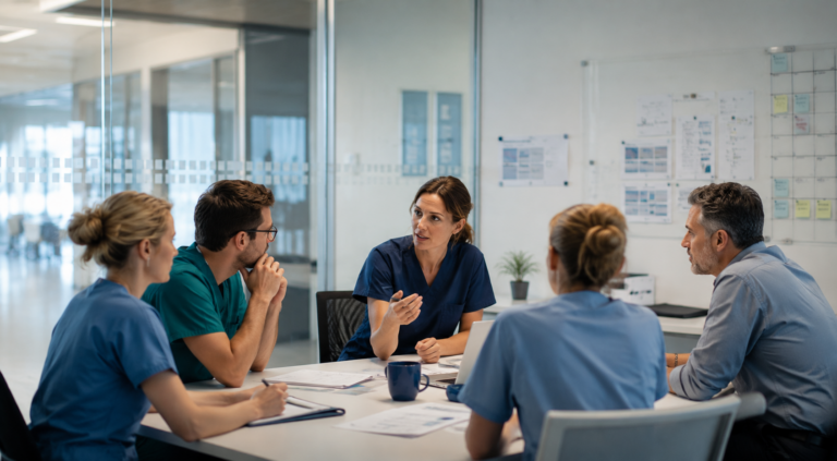Gesundheitswesen Team Diskussion Meeting Organisationsstruktur Wissensmanagement