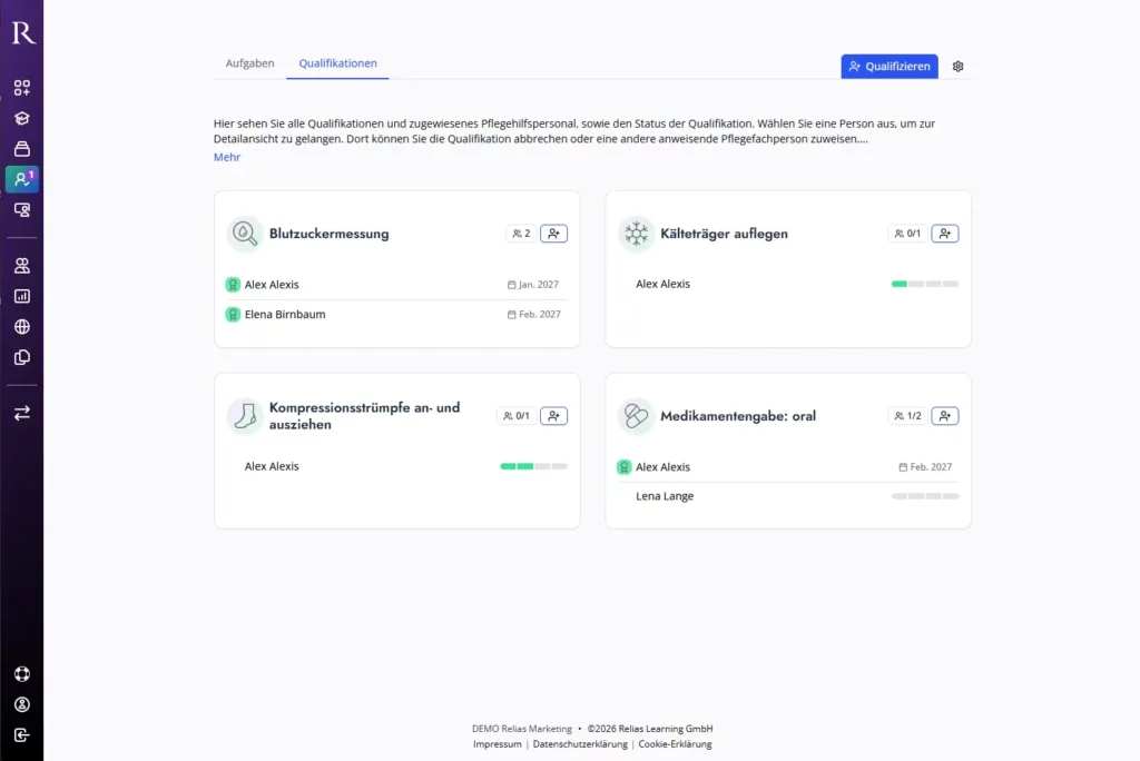 Screenshot der Relias MQ Nutzeroberfläche mit Qualifikationskacheln wie Blutzuckermessung, Medikamentengabe und zugewiesenem Pflegehilfspersonal.