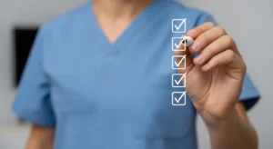 Hand einer Pflegeperson setzt Häkchen in eine Checkliste.