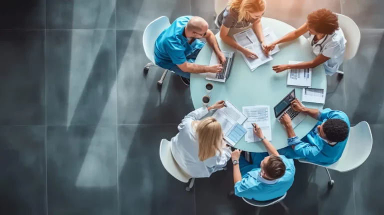 Pflege- und medizinisches Team bei gemeinsamer Besprechung an einem runden Tisch.