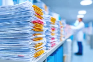 Hoher Stapel von Dokumenten und Akten im Gesundheitswesen als Symbol für Informationsüberlastung und Compliance-Probleme